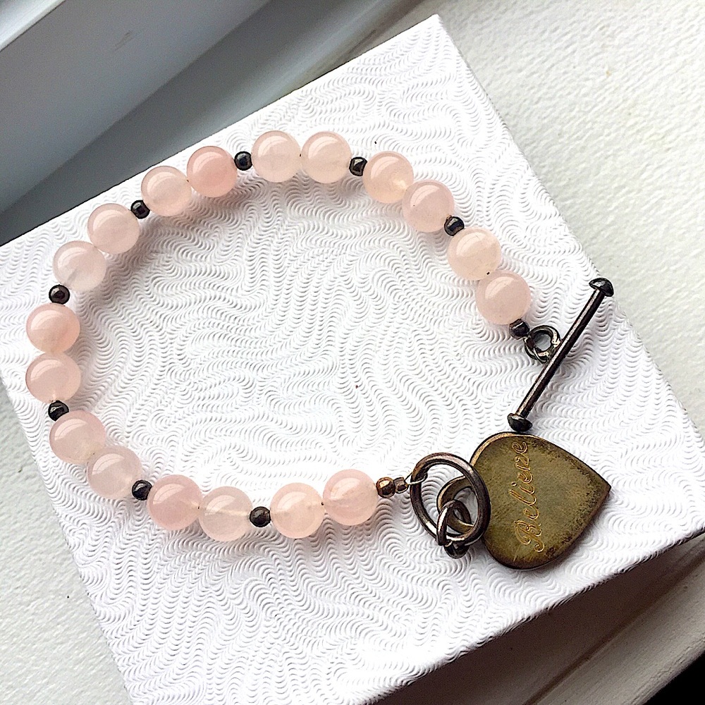Believe Vintage Heart + Pink Bead Key Chain Charm